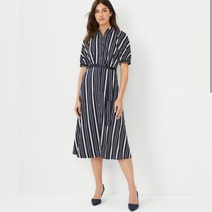 Ann Taylor Navy blue with white stripe-button up dress.
